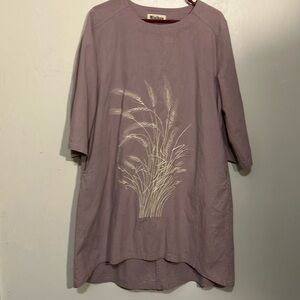 Mini Bee dusty Purple swing dress/ tunic with wheat grass Embroidery OS bust 44”